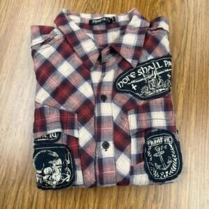 Primevil Men’s L Red Plaid Button-Up “None Shall Pass” Skull Patch Flannel